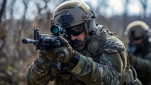 Focused soldier steadies a rifle in tense woodland training