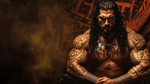 Warrior chieftain in ember-lit haze exuding fierce resolve.