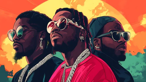 Triadic hip hop portrait under saturated sunset halo