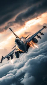 Modern fighter jet in flight above dense cloud layer at dusk.