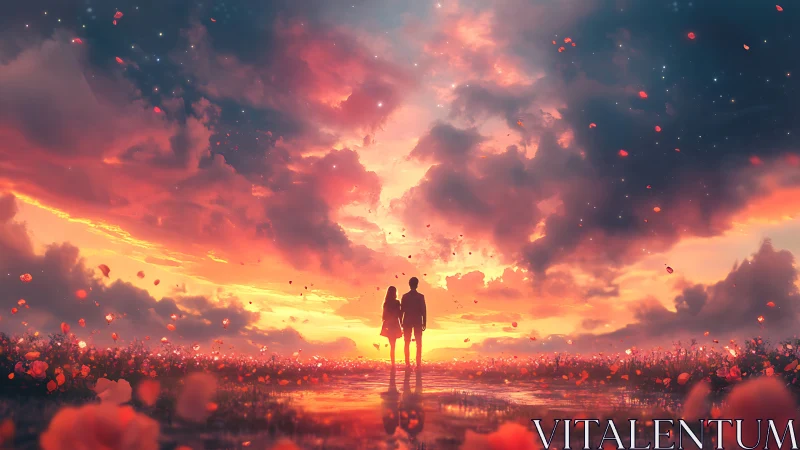 Couple silhouettes in glowing sunset field with reflective water