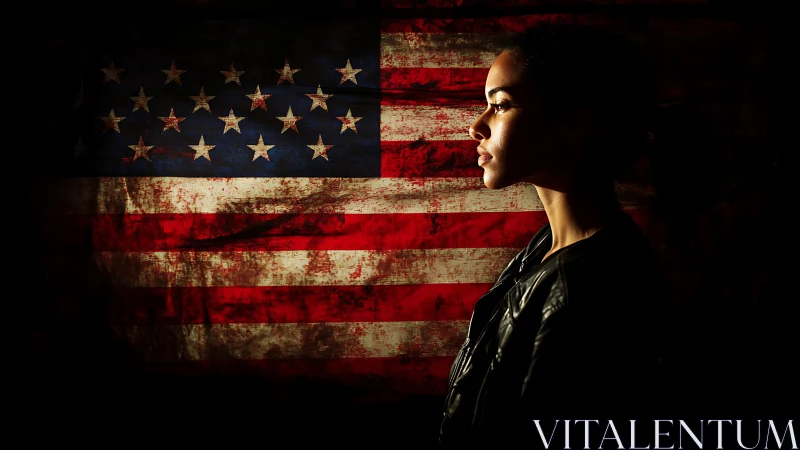Woman in Profile Against Grungy American Flag, Dramatic Lighting.