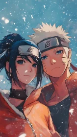 Anime winter duo in orange coats under falling snow.