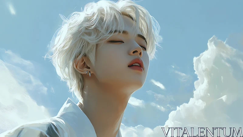 Sky-touched dreamer exhales quiet sunlight into clouds