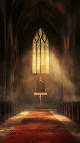 Golden-lit gothic altar under soaring cathedral vaults.