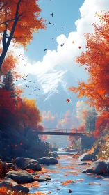 Autumn river corridor with snow peak, bridge and avian motion.