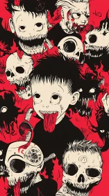 Grotesque red-ground horror montage in graphic comic style.