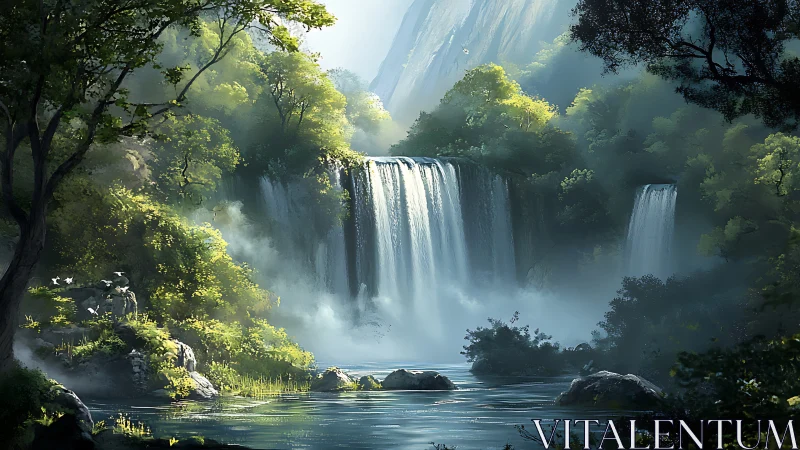 Lush multi-tiered waterfall in misty verdant canyon light.