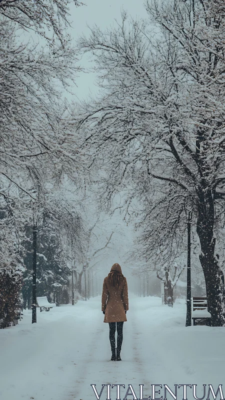 Winter park pathway with solitary figure in central perspective.