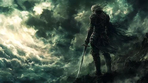 Armored warrior surveys storm-laden skies in moody chiaroscuro