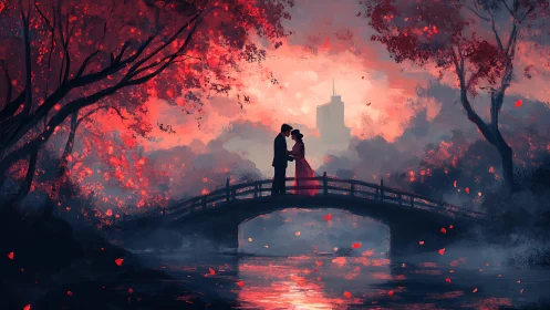 Lovers' Bridge Beneath Crimson Blossoms.