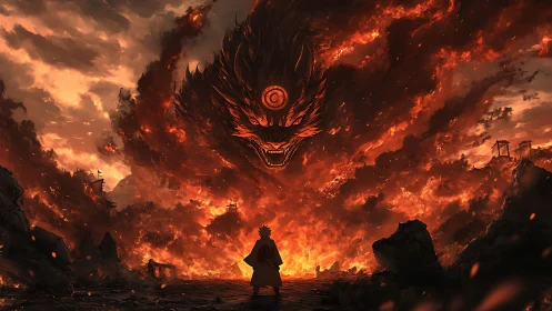 Volcanic sky beast confronting lone cloaked silhouette below.