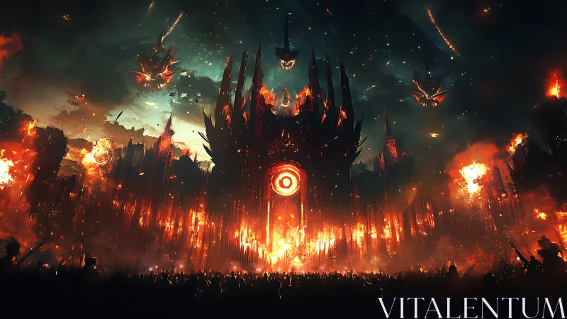 Infernal fortress looms over apocalyptic battlefield in flame.