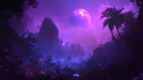 Purple nocturnal jungle landscape under large full moon.