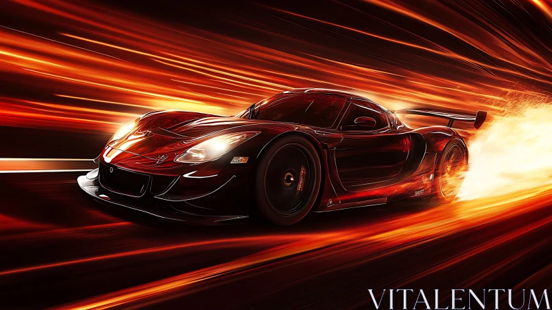 Red racing car on illuminated track with motion streaks.