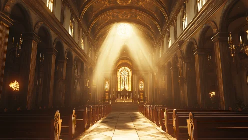 Sunlit interior of ornate cathedral nave with altar focus.