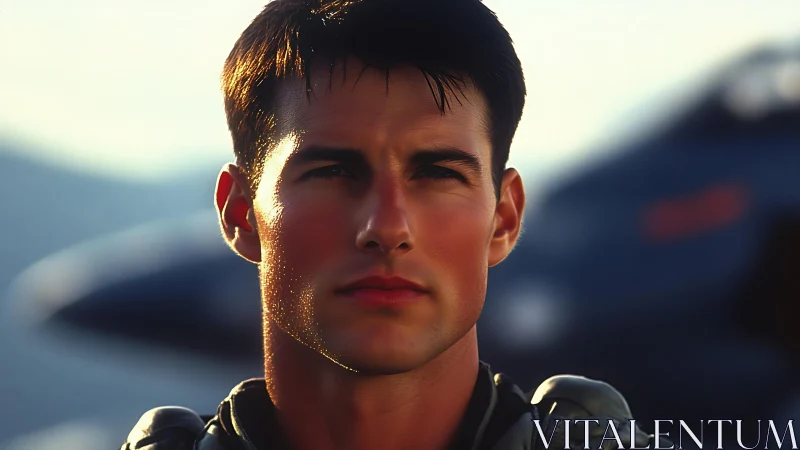 Male pilot portrait in flight gear near military aircraft.
