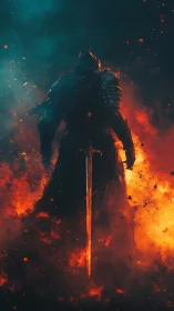 Armored figure with sword amid dense orange flames.