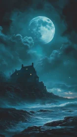 Digital painting of lunar-lit cliff house above storm sea.