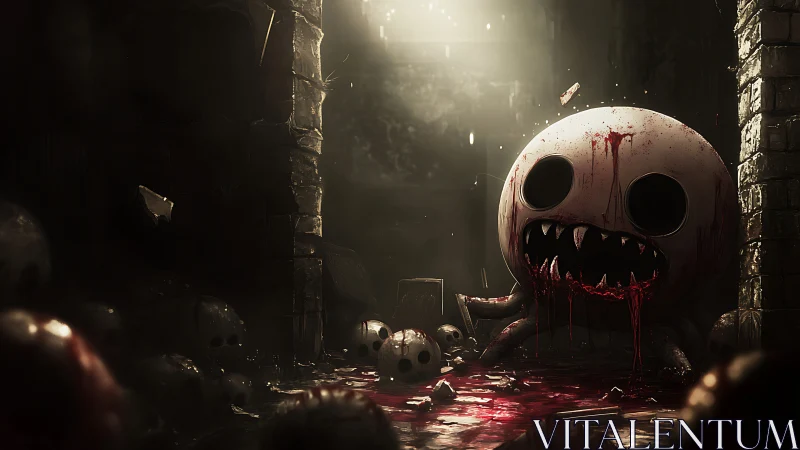 Spherical fanged creature in blood-soaked stone corridor