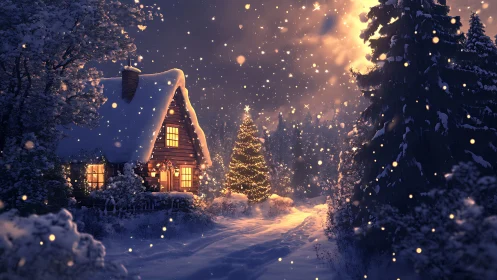 Snowy cabin glow and twinkling tree in a winter wonderland.