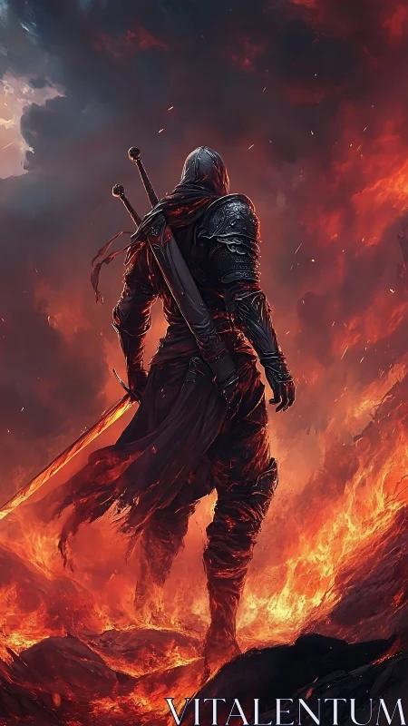 Armored swordsman strides through blazing volcanic hellscape.