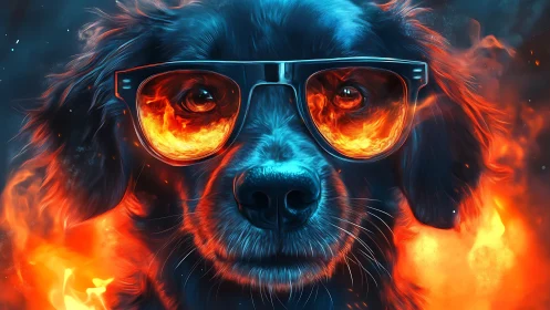 Cybernetic Canine Portrait: Neon Spectacles with Inferno Lens Reflections.