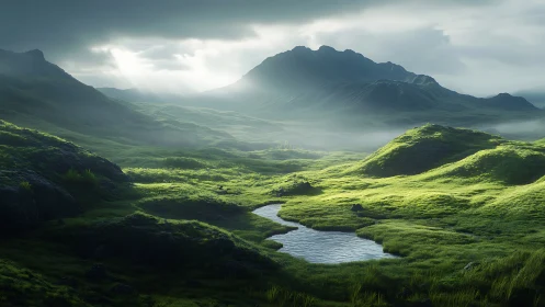 Volumetric-lit alpine valley with reflective stream and peaks