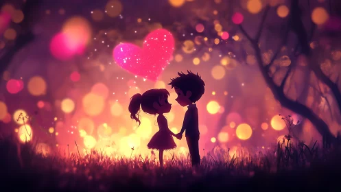 Silhouetted figures with glowing heart shape in dreamlike environment