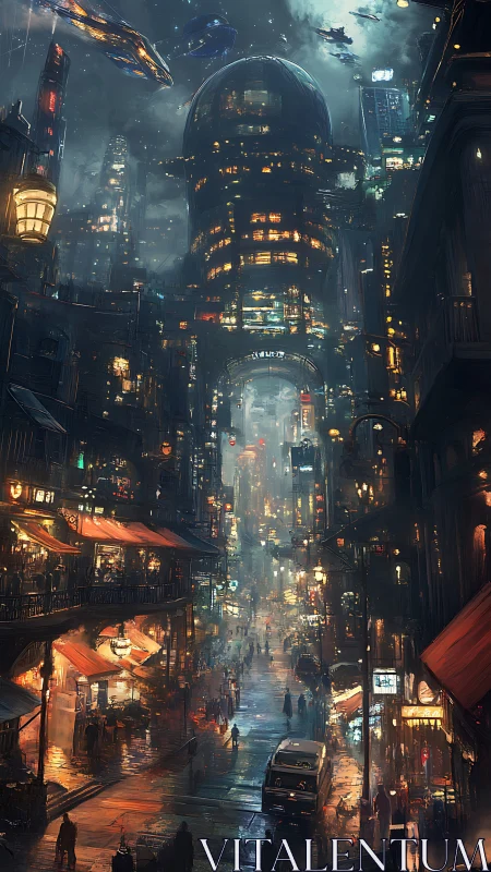 Dense cyberpunk megacity street under layered orbital traffic