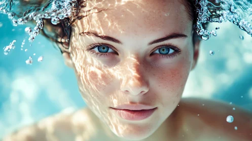 Close-up submerged face with water surface reflections.