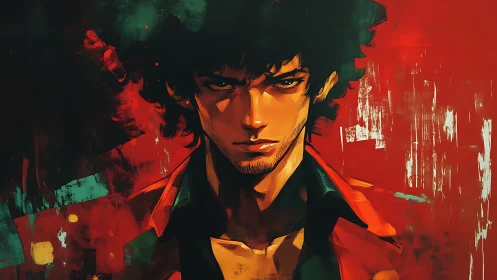 Chromatic portrait of brooding male figure in angular light.