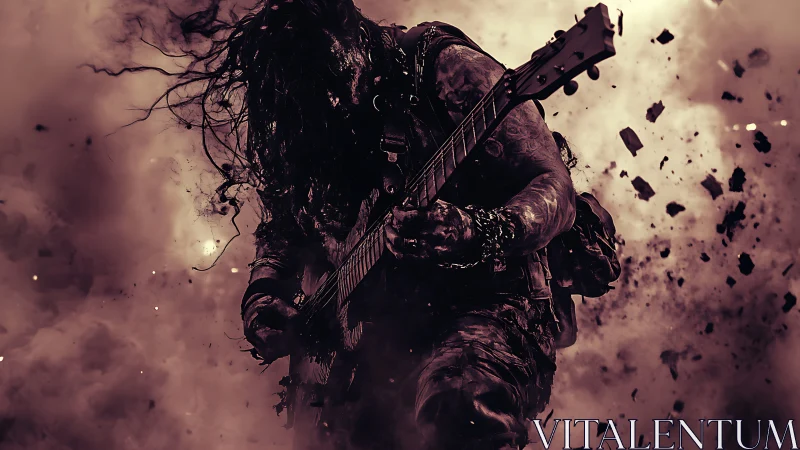 Storm-lit metal guitarist shredding through swirling chaos.