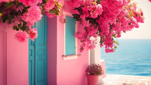 Pink Coastal Villa Draped in Vibrant Bougainvillea Blooms.