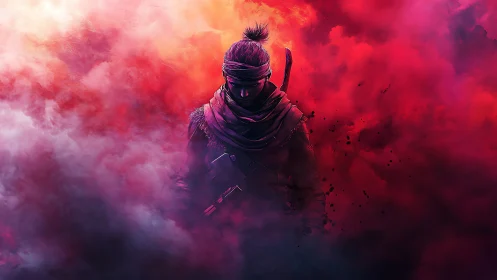 Lone warrior silhouette stands within swirling crimson fog