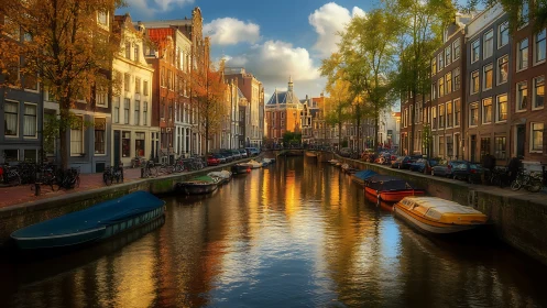 Golden canal hush over autumn-lit Amsterdam facades.