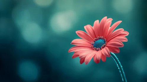 Coral Gerbera Against Teal Bokeh: Macro Studio Composition.