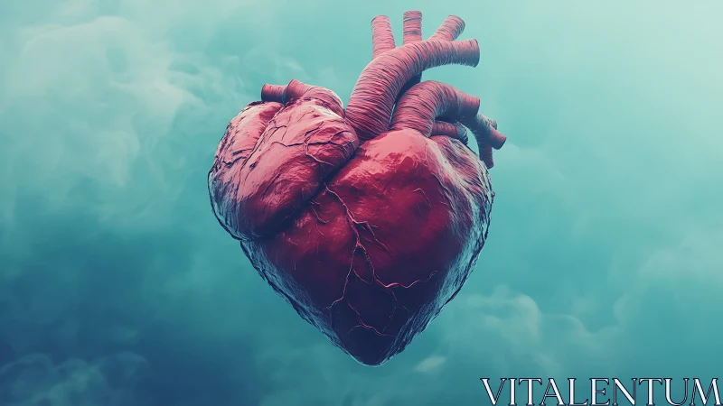 Anatomical human heart floats in misty blue dream space