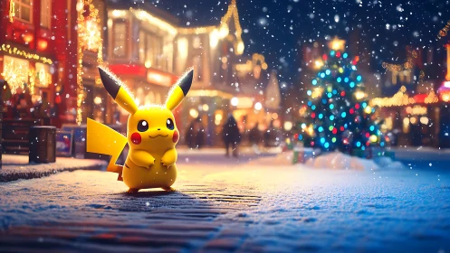 Pikachu stands in snowy city street beside glowing Christmas tree