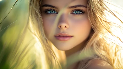 Sunlit blue-eyed muse framed in whispering meadow light.