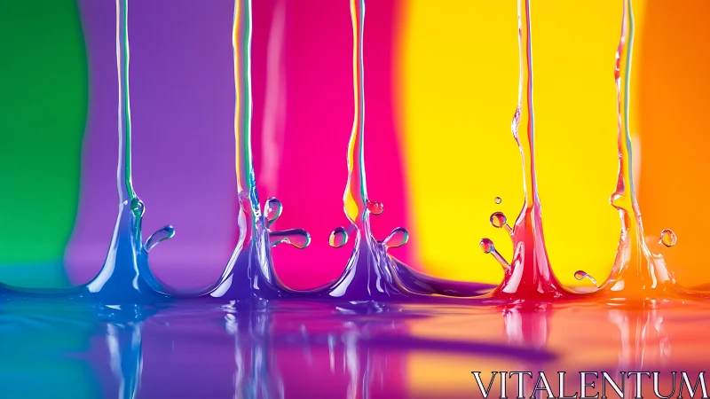 Vibrant liquid color streams splash across reflective surface