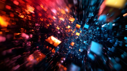 Abstract digital explosion of colorful cubes in futuristic cyber style.