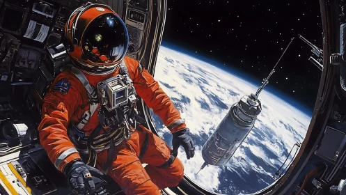 Curious astronaut drifting above a soft blue Earth in space.