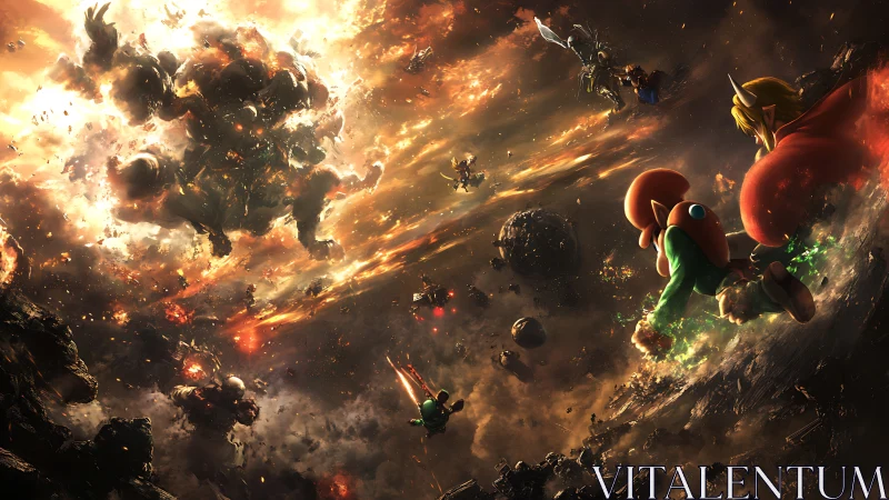 Heroic fighters charge through cosmic battlefield inferno