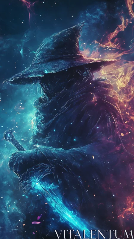 Hooded mage in profile wields bioluminescent spectral blade