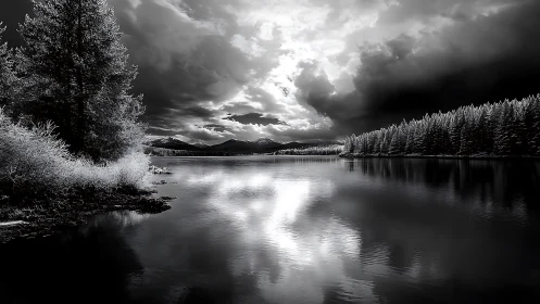 Infrared monochrome lakescape captures dramatic storm light
