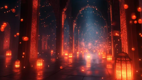 Lantern-lit corridor with floating embers in dim interior.