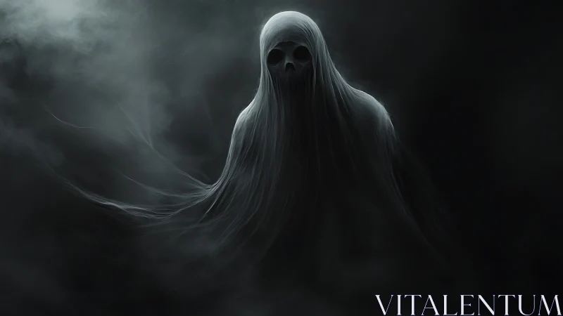 Translucent spectral figure emerging within dense dark mist.