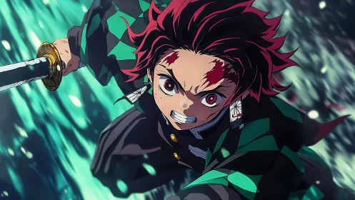 Anime swordsman lunges forward in intense battle motion.