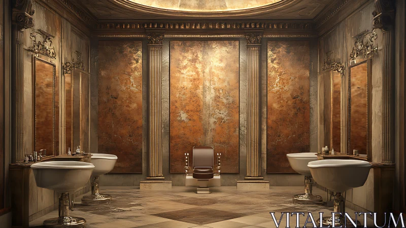 Luxurious neoclassical restroom interior with central toilet